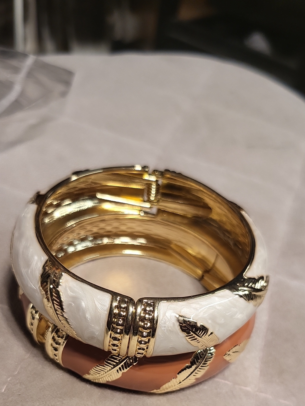 Gold-Tone White and Tan Feather Bangle Set 18k Gold Plated